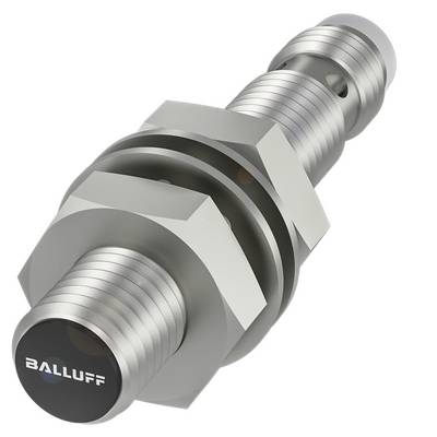 Ein zylindrischer Metallzylinder mit präzisen Schraubengewinden, markiert mit 'BALLUFF', vermutlich ein industrieller Sensor.