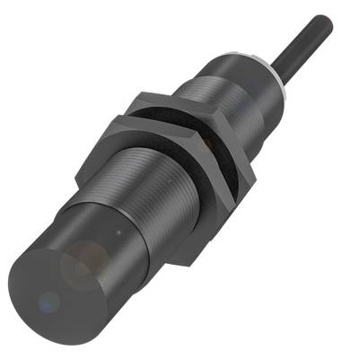 Ein zylindrischer Sensor mit Kabelanschluss. Schwarzes Gehäuse, Gewinde für Befestigung, geeignet für industrielle Anwendungen.
