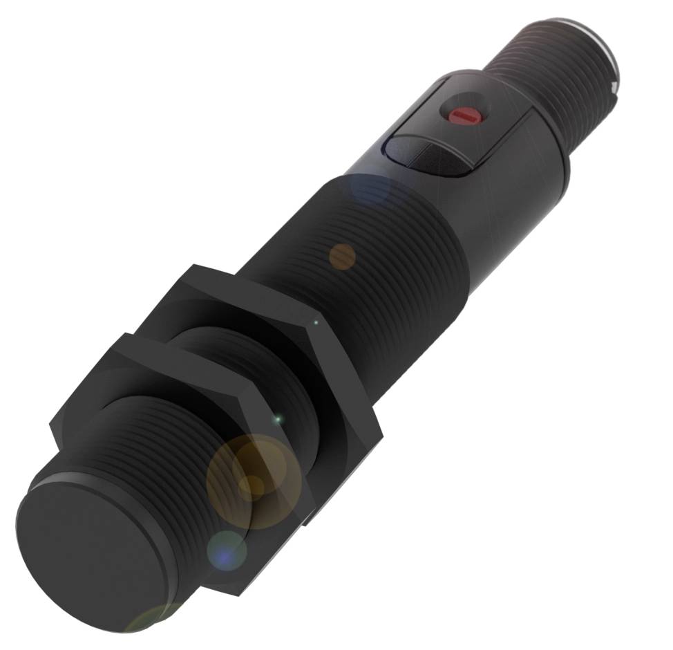 Ein zylindrischer Sensorschalter in Schwarz mit einem roten Knopf und zwei Muttern zur Befestigung, vor weißem Hintergrund.