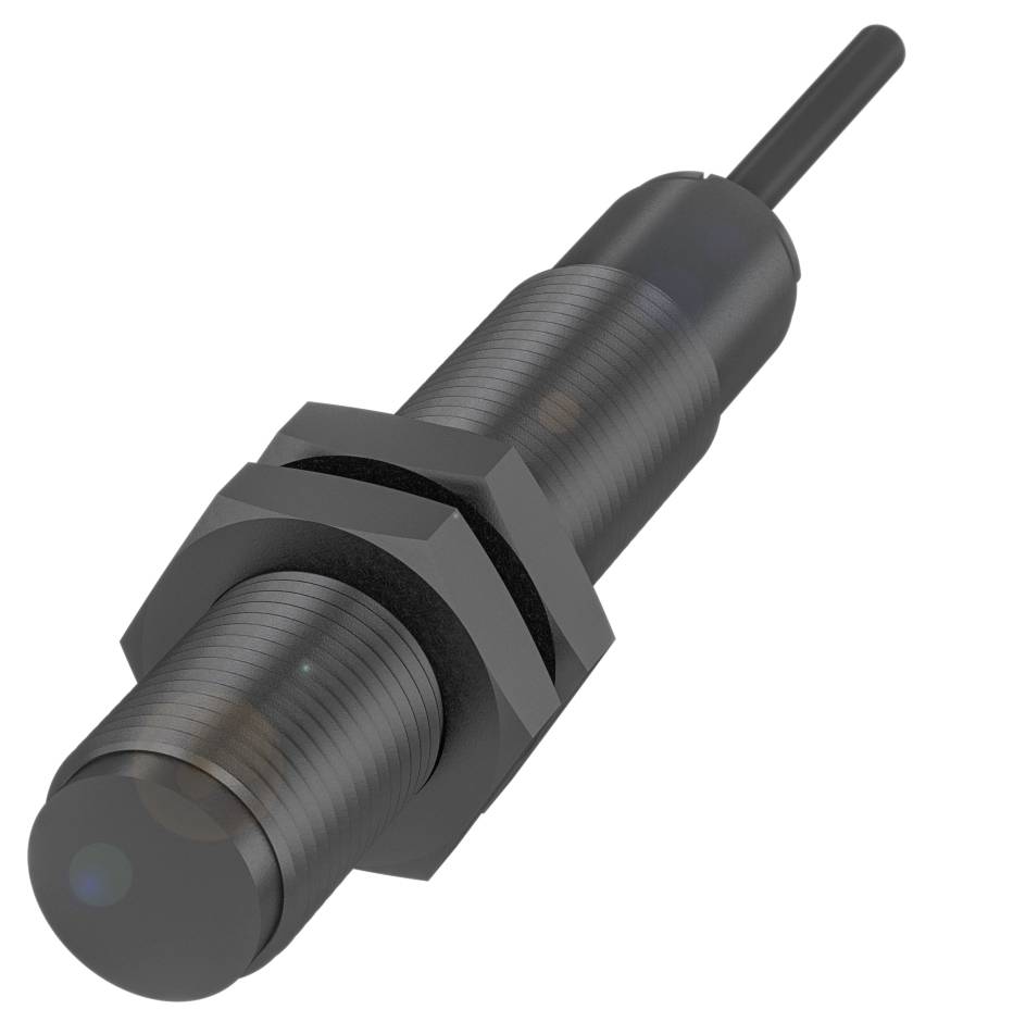 'Zylindrischer Sensor mit Gewinde und Kabelanschluss. Eignet sich für industrielle Anwendungen zur Erkennung von Objekten.'