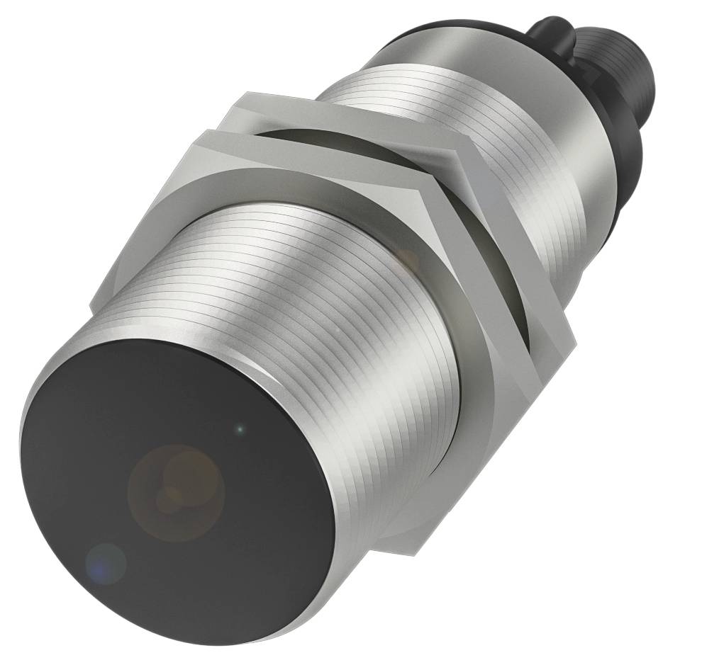 Ein zylindrischer Sensor in Metallgehäuse mit Gewinde und schwarzer Kappe. Verwendet für präzise Messungen oder Erkennungen.