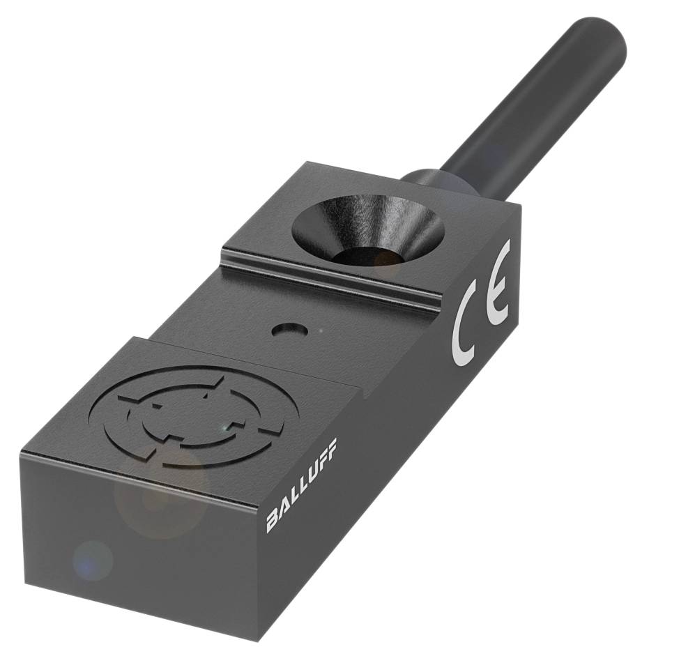 'Balluff-Sensor mit CE-Zeichen, rechteckige Form, schwarze Farbe, ein Kabelanschluss.'