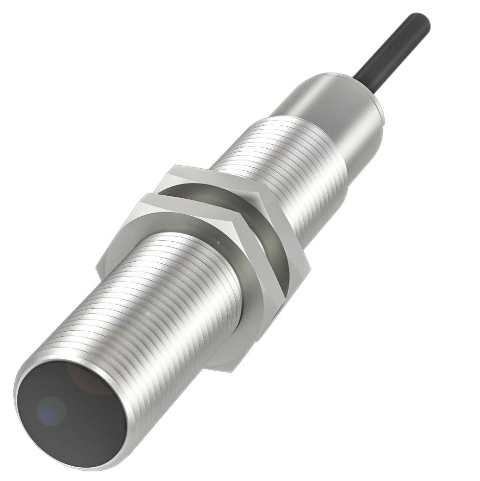 Zylindrischer Sensor aus Metall mit einem Kabel, geeignet für industrielle Anwendungen zur Objekt- und Abstandserkennung.