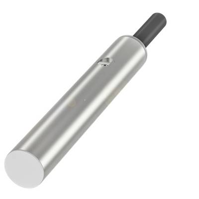 Ein metallischer Vape-Pen mit schwarzem Mundstück, seitlichem Schalter und schlichter, zylindrischer Form.