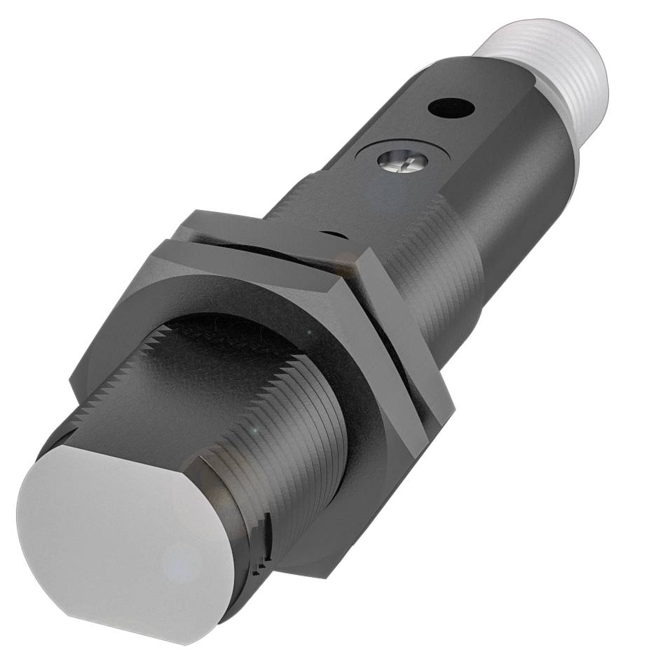 Ein schwarzer, zylindrischer Sensor mit Gewinde und Hexagonalanschluss, zur Verwendung in industriellen Anwendungen.