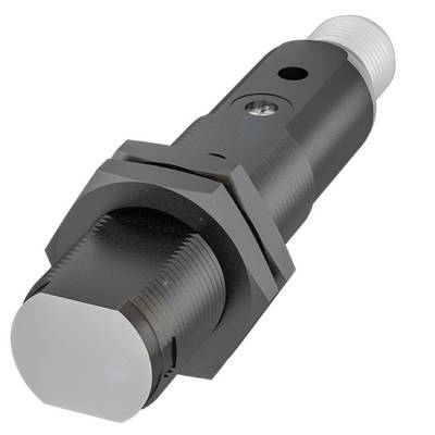 Ein schwarzer, zylindrischer Sensor mit Gewinde und Hexagonalanschluss, zur Verwendung in industriellen Anwendungen.