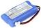 Blauer Lithium-Ionen-Akku mit Kabel und Stecker. Etikett zeigt Modellnummer, Spannung (7.4V), Kapazität (800mAh) und Sicherheitswarnungen.
