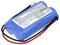 Blauer Lithium-Ionen-Akku mit zwei Kabeln und Anschlussstecker. Enthält technische Spezifikationen und Warnhinweise auf dem Etikett.