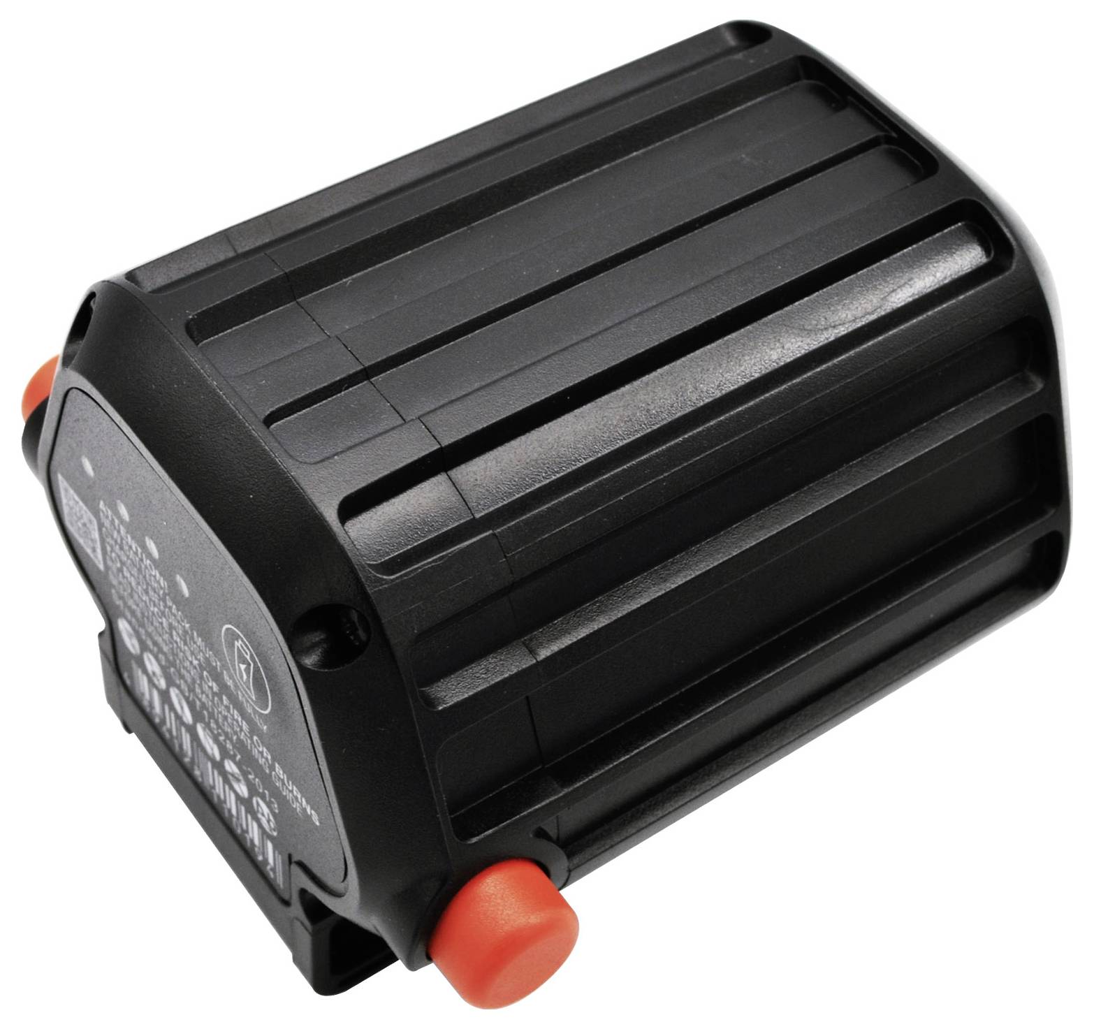 Ein schwarzer, rechteckiger, gerippter Lithium-Ionen-Akku für Elektrowerkzeuge mit zwei orangefarbenen Knöpfen an der Unterseite.