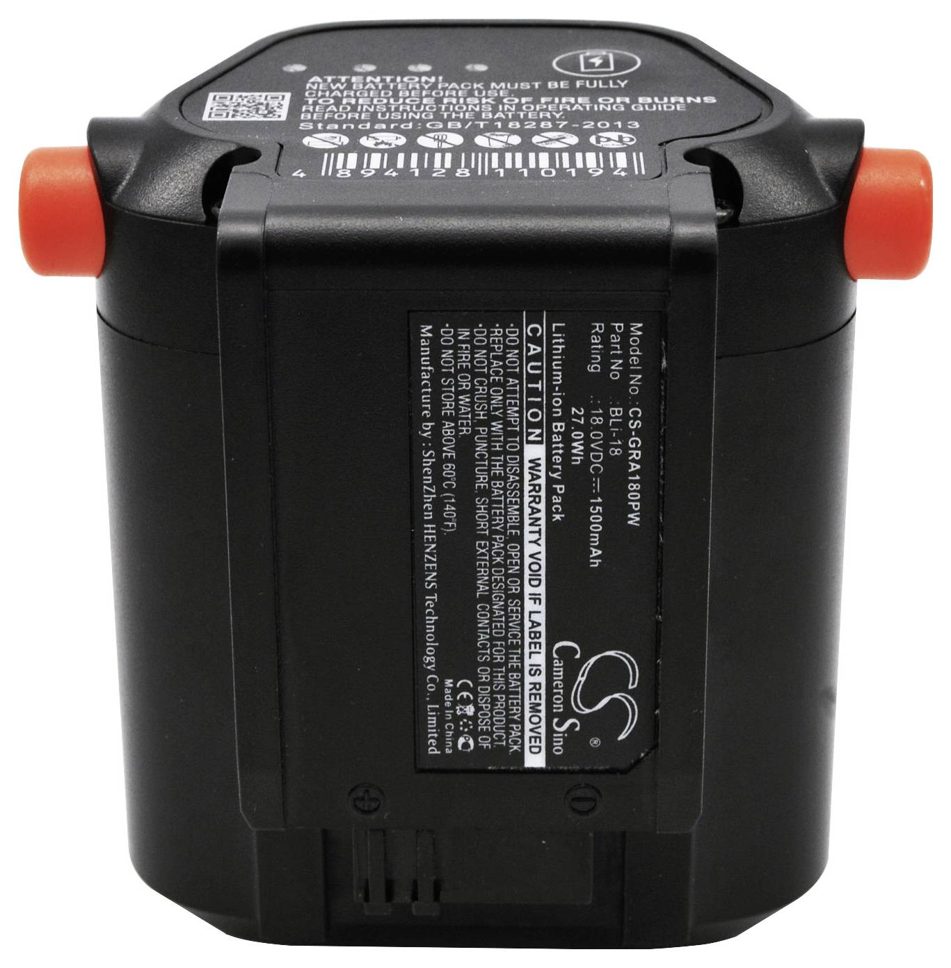 Schwarze Lithium-Ionen-Akku-Einheit mit roten Kontakten an den Seiten. Textdetails zu Spannung, Kapazität und Hersteller sind sichtbar.