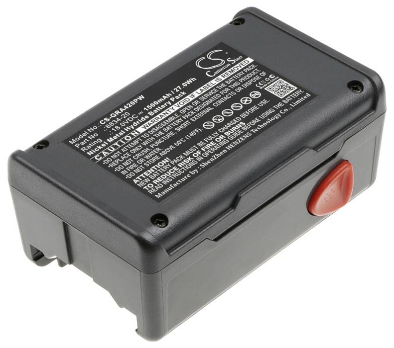 Schwarze Batterie mit rotem Knopf, Etikett mit technischen Spezifikationen und Sicherheitswarnungen.