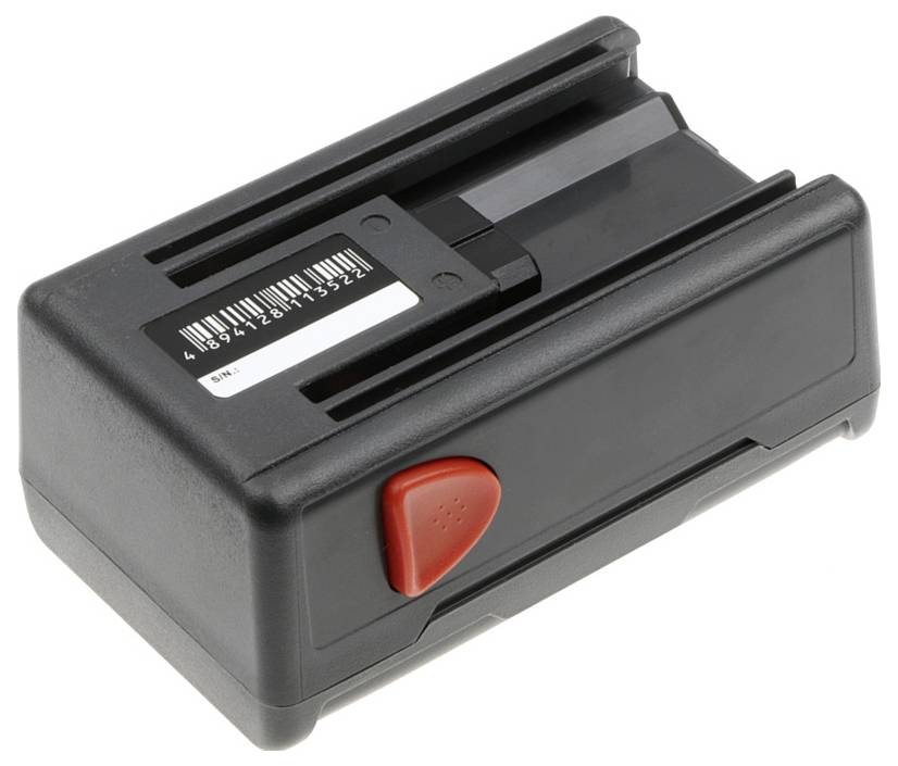 Ein schwarzer, rechteckiger Akku mit rotem Knopf und Barcode-Etikett.