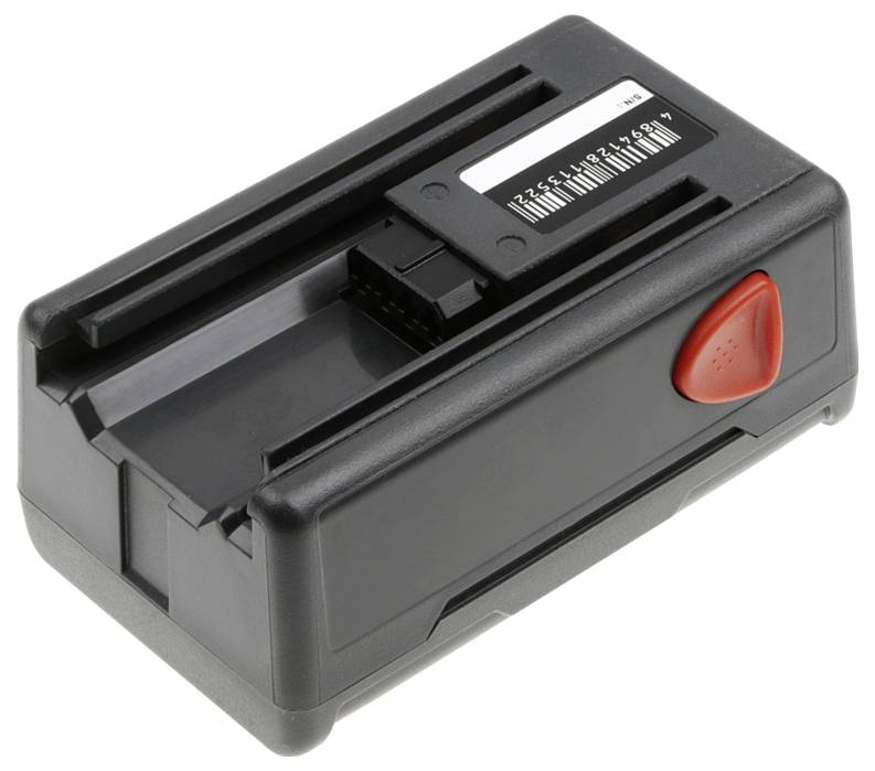 Ein schwarzes Ladegerät mit einem roten Knopf, geeignet für wiederaufladbare Batterien verschiedener Größen.