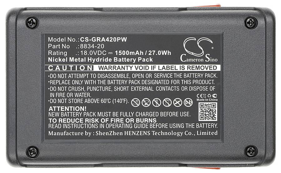 Der Nickel-Metallhydrid-Akku (Modell CS-GRA420PW) hat eine Kapazität von 1500mAh. Warnhinweise: Nicht auseinandernehmen, Feuergefahr.