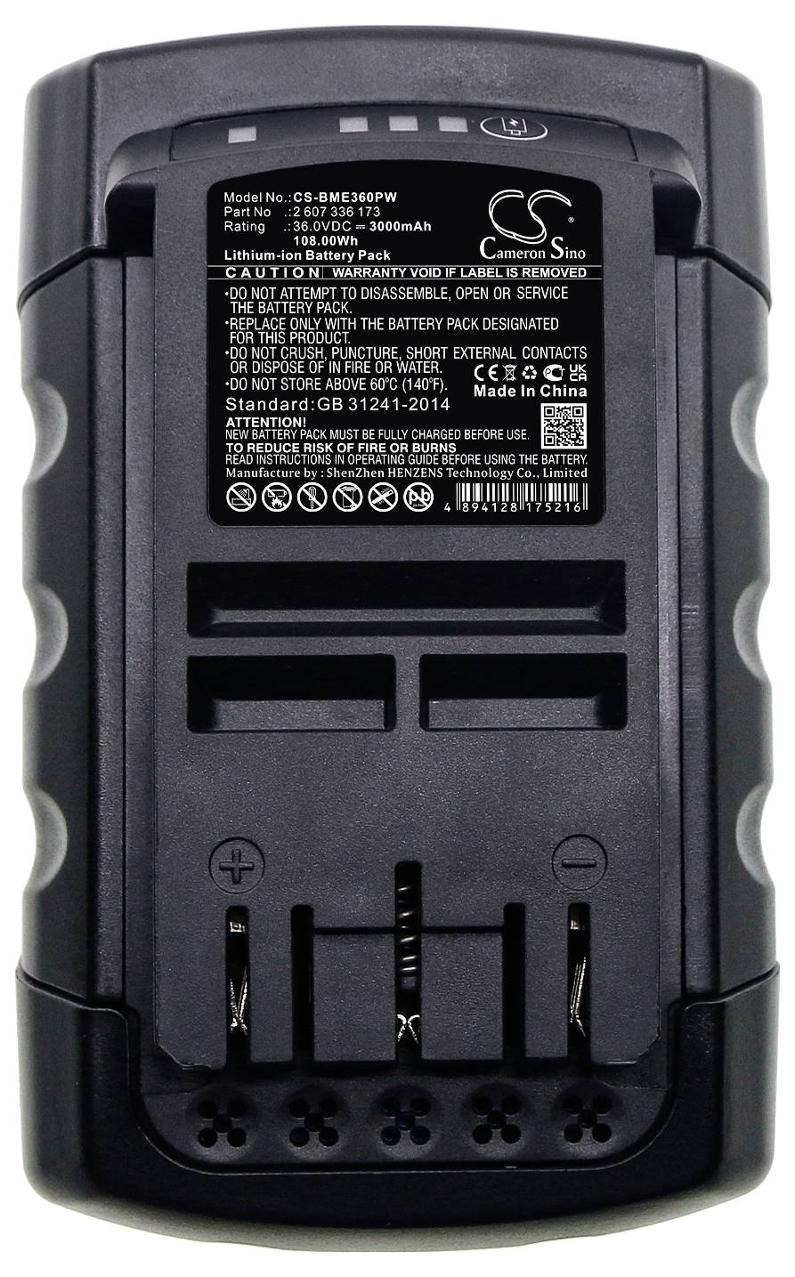 Eine schwarze Batterie mit technischen Spezifikationen auf einem Etikett, einschließlich Modellnummer, Spannung und Batterietyp.