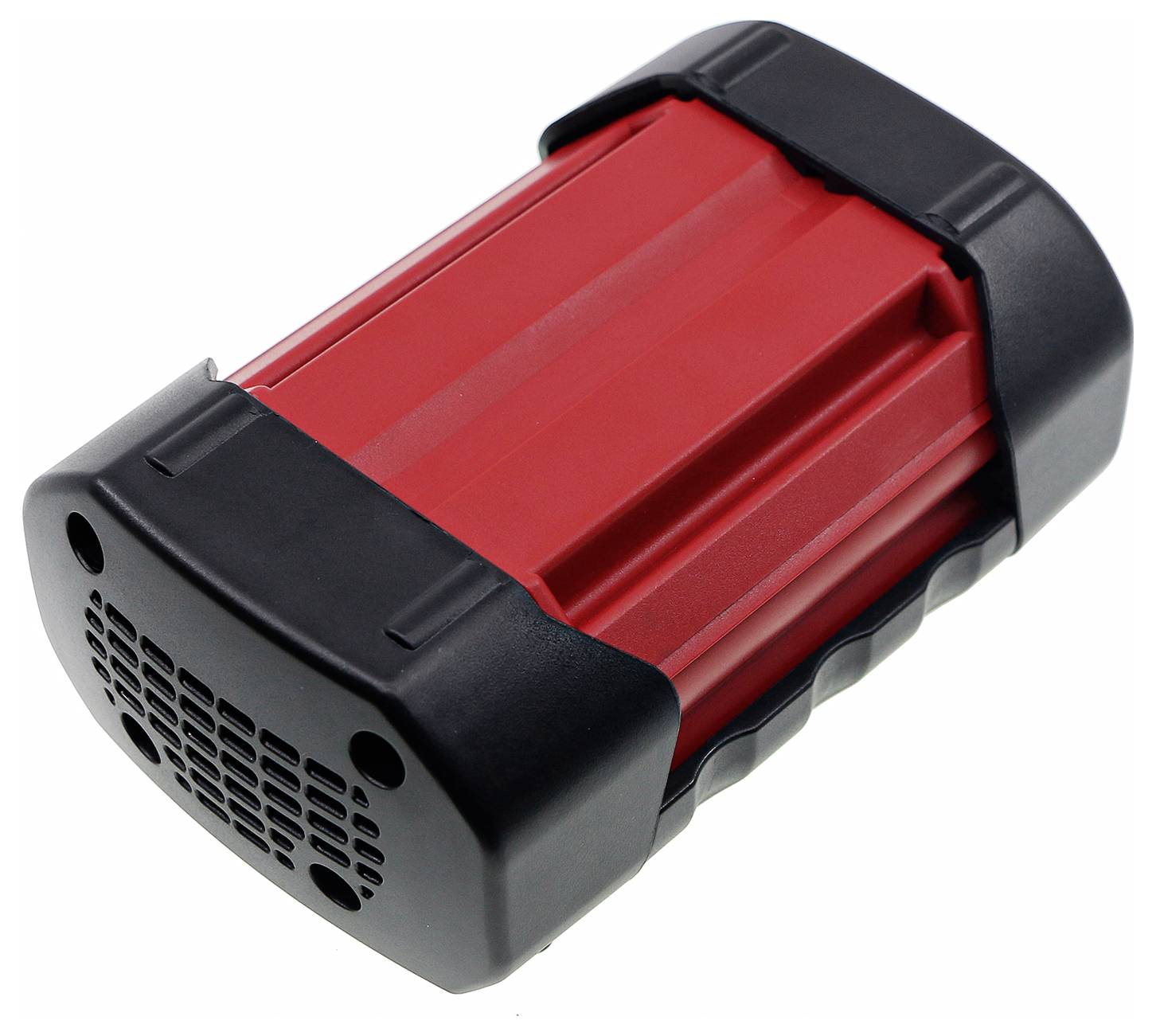 Ein roter und schwarzer tragbarer Akku mit Löchern an der Unterseite. Verwendet für Geräte wie Werkzeuge oder Elektronik.
