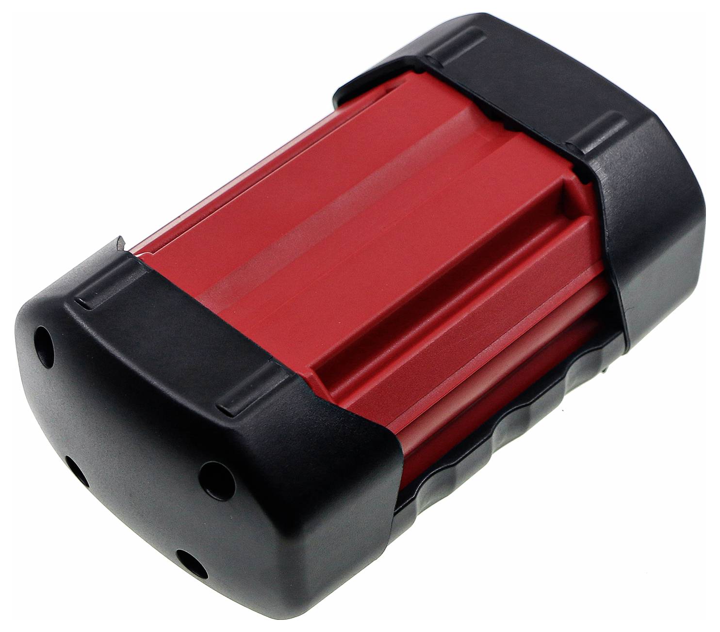 Ein schwarzes und rotes Kunststoffgehäuse, rechteckig, möglicherweise ein Schutzgehäuse für elektronische Geräte oder Batterien.