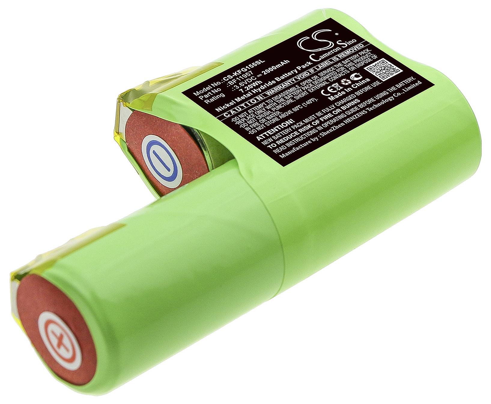 Grüner, zylindrischer Akku mit Plus- und Minuspol-Symbolen. Ein Etikett auf dem Akku zeigt technische Details und Warnhinweise.