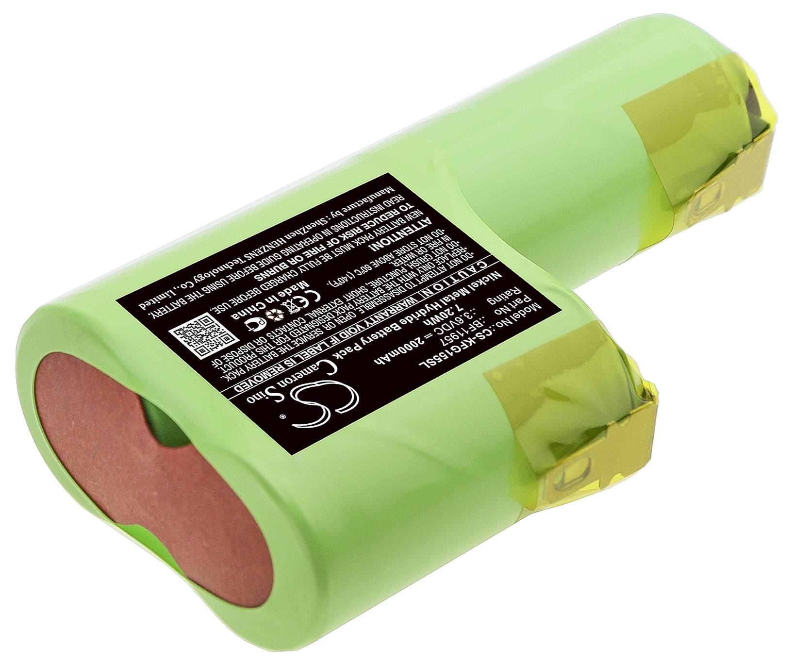 Grüner, zylinderförmiger Akku mit schwarzem Label, das technische Spezifikationen aufweist.