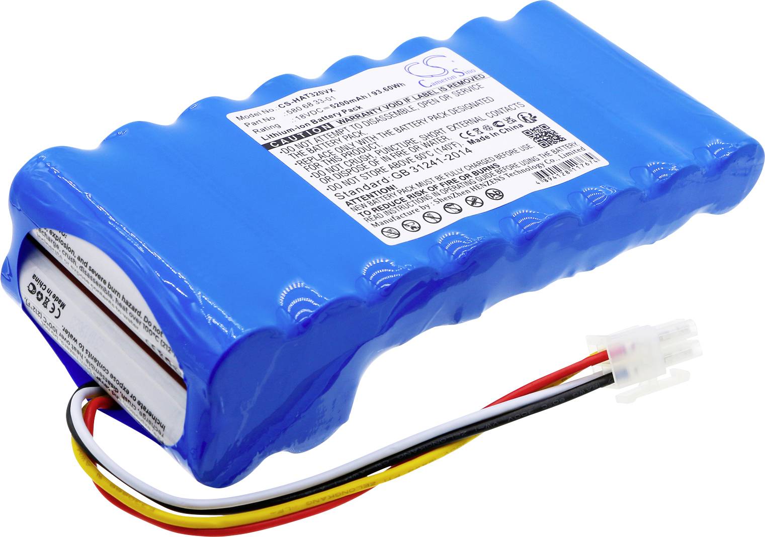 Blauer Akku mit einem weißen Etikett, das technische Informationen zeigt. Drei herausragende Kabel mit einem weißen Anschlussstecker.