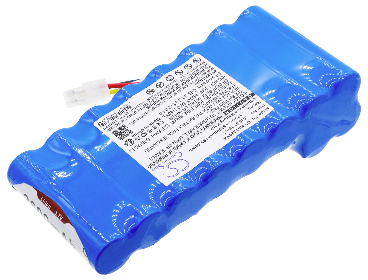Ein blauer, kunststoffverpackter Akku mit einem weißen Etikett in der Mitte und zwei herausragenden Kabeln an einem Stecker.
