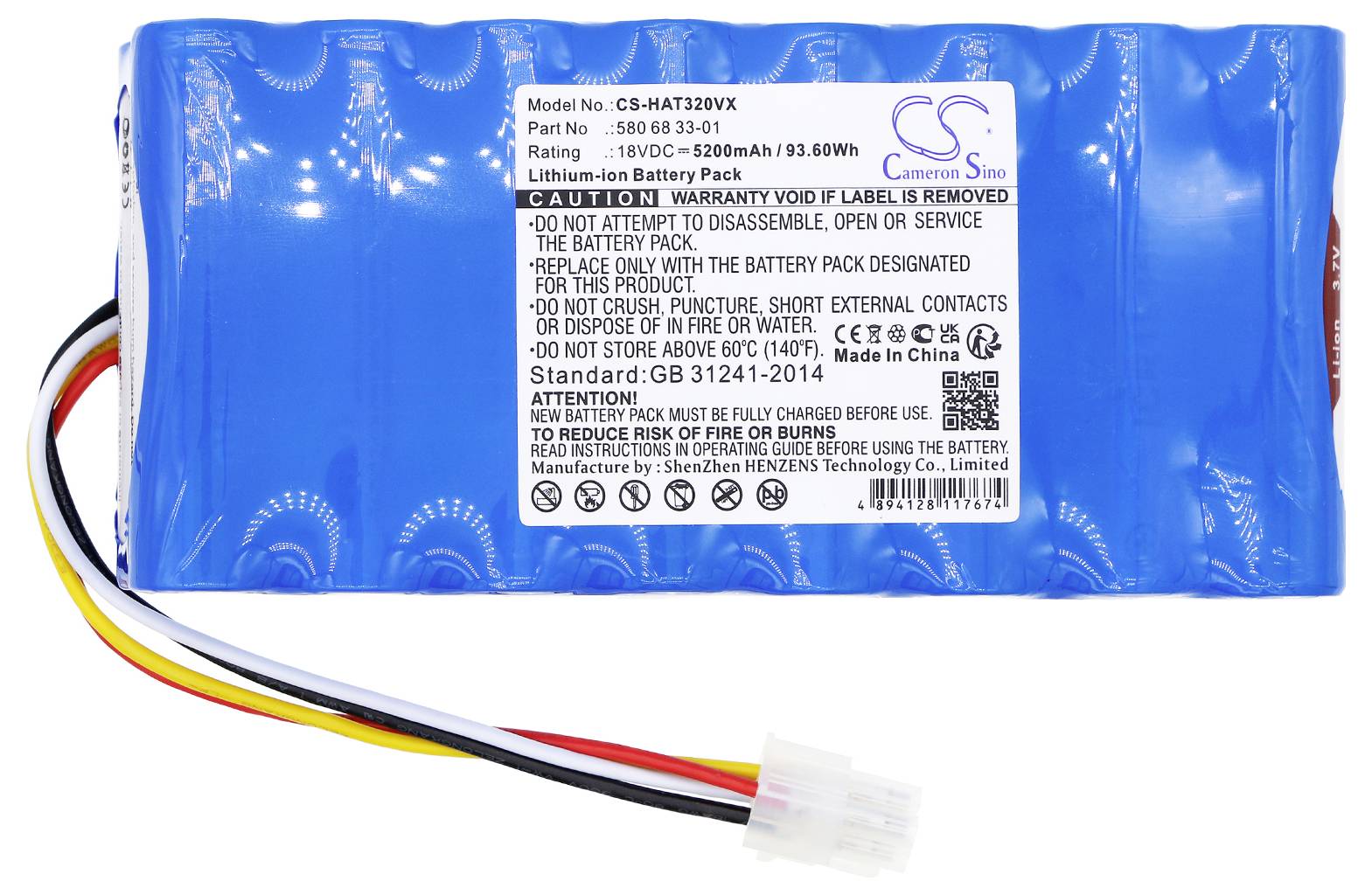 Blauer Lithium-Ionen-Akku mit Kabeln und Aufschrift über Modellnummer, Spannung, Kapazität und Vorsichtshinweise.
