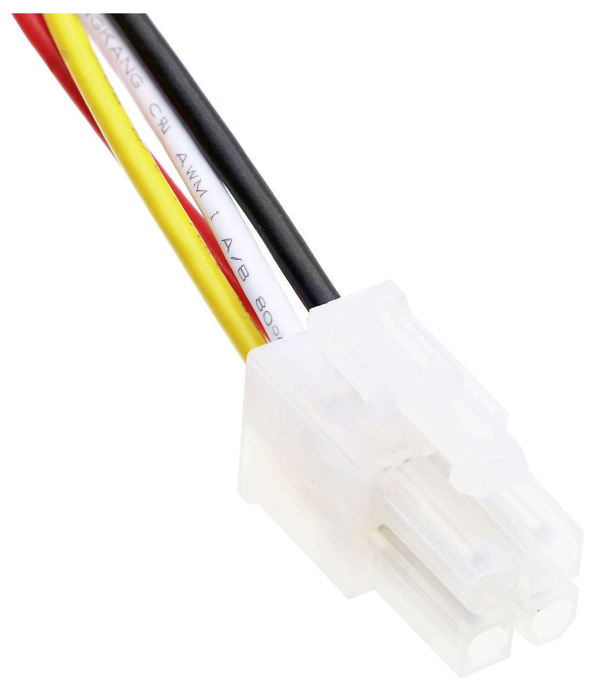 Weißer Stromstecker mit schwarzen, roten und gelben Kabeln.