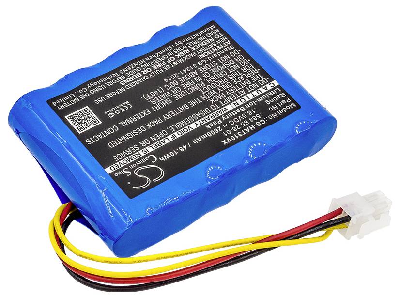 Blauer Lithium-Ionen-Akku mit schwarzem Etikett und technischen Spezifikationen. Kabel mit dreipoligem Anschluss.