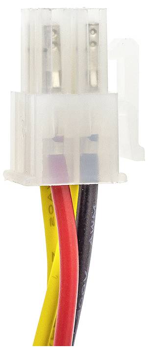 Ein weißer Stecker mit zwei Metallstiften, verbunden mit roten, schwarzen und gelben Kabeln.