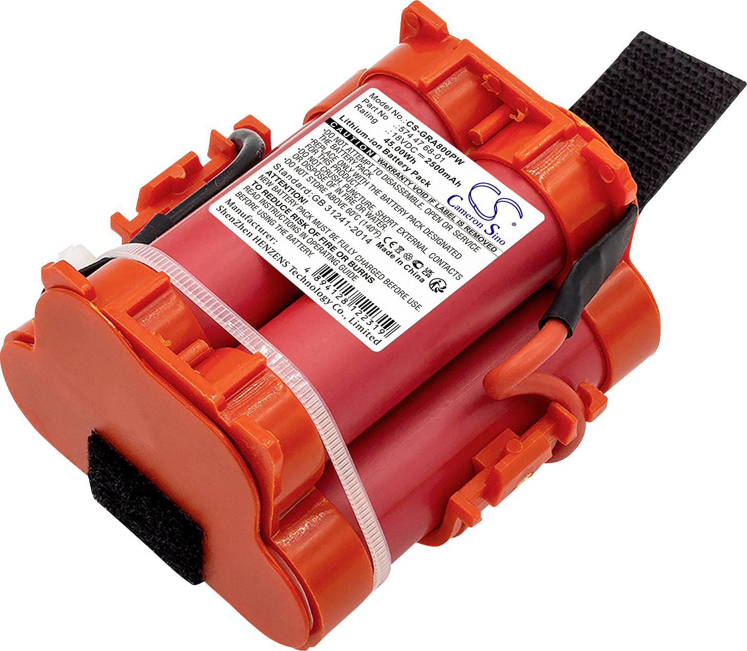 Rote Batterie mit orangefarbenem Gehäuse, technische Details auf Etikett, schwarzer Verschlussriemen, verschiedene Kabelanschlüsse.