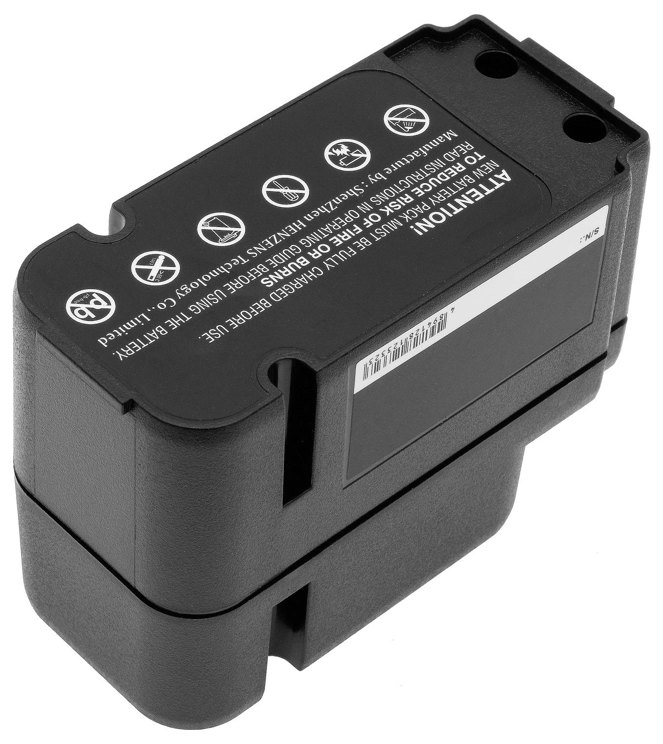 Ein schwarzer Akku mit Warnsymbole auf der Oberseite. Der Akku hat eine rechteckige Form mit abgerundeten Ecken.