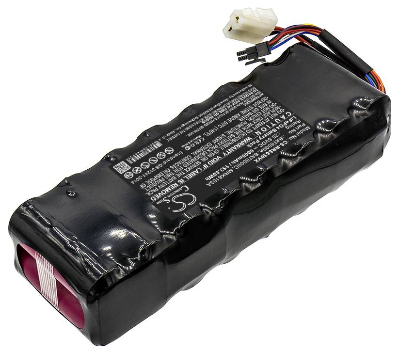 Ein schwarzer, länglicher Lithium-Ionen-Akku mit mehreren farbigen Kabeln oben. Seitlich befinden sich technische Angaben und Warnzeichen.