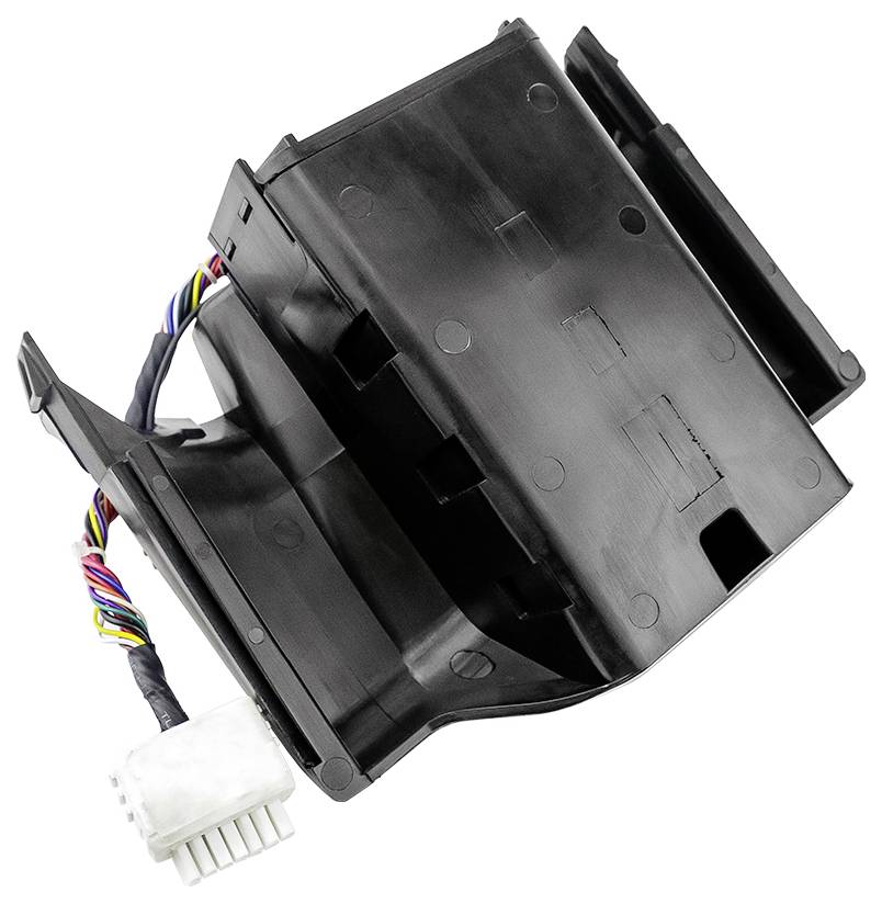Schwarzes Kunststoffgehäuse mit buntem Kabelstrang und weißem Stecker, wahrscheinlich ein Teil für elektronische Anwendungen oder Fahrzeugkomponenten.