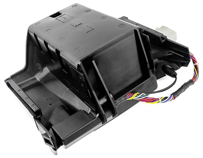 Schwarzes elektrisches Autoteil mit buntem Kabelbündel, vermutlich Teil eines Fahrzeugsteuerungssystems.