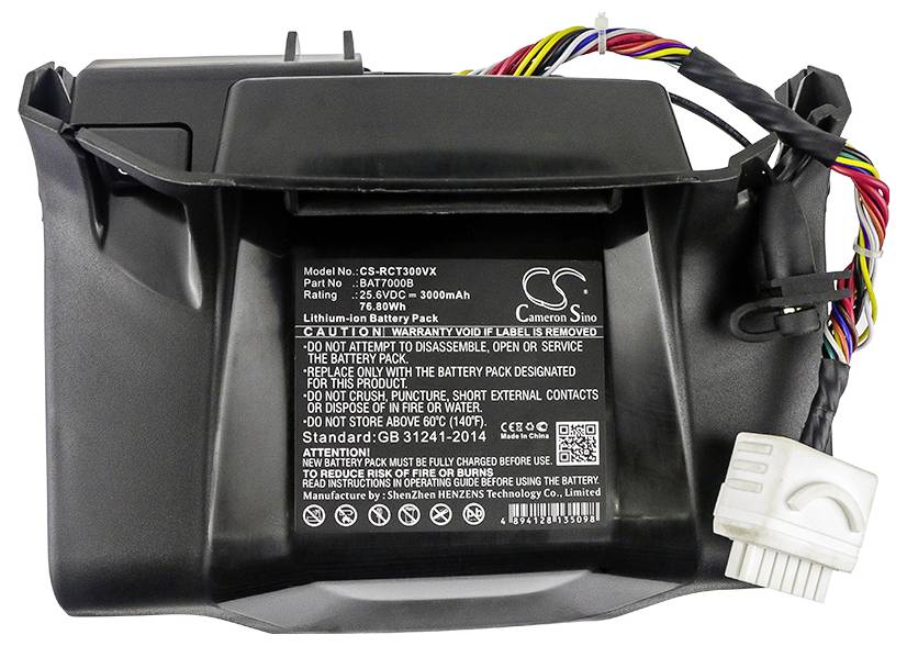 Ein Lithium-Ionen-Batteriepack mit einem Aufkleber, auf dem Modell, Teilenummer, Spannung, Kapazität und Warnhinweise angezeigt werden.