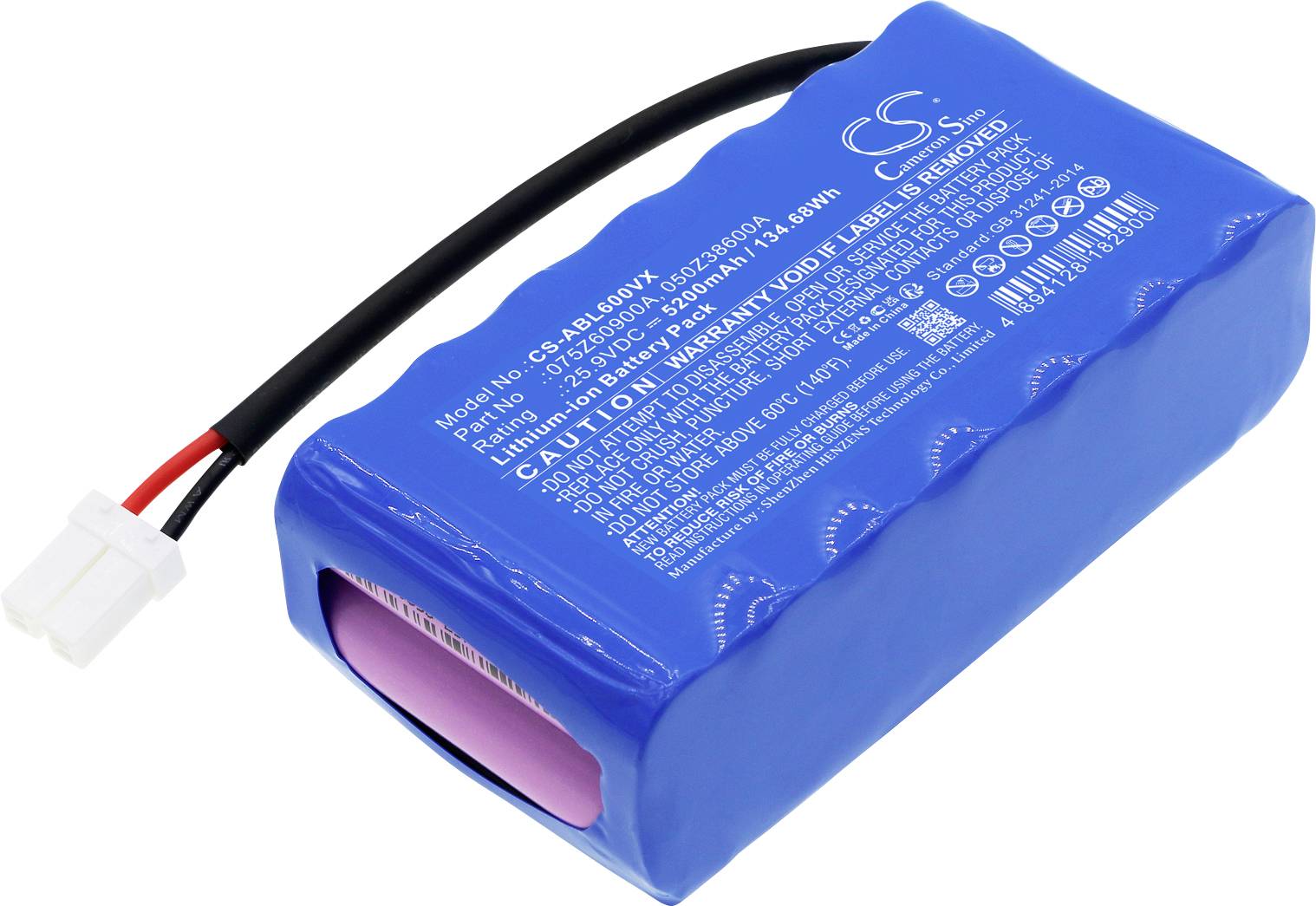 Blauer Lithium-Ionen-Akku mit schwarzem und rotem Kabel und einem weißen Anschluss. Aufdruck mit technischen Spezifikationen.