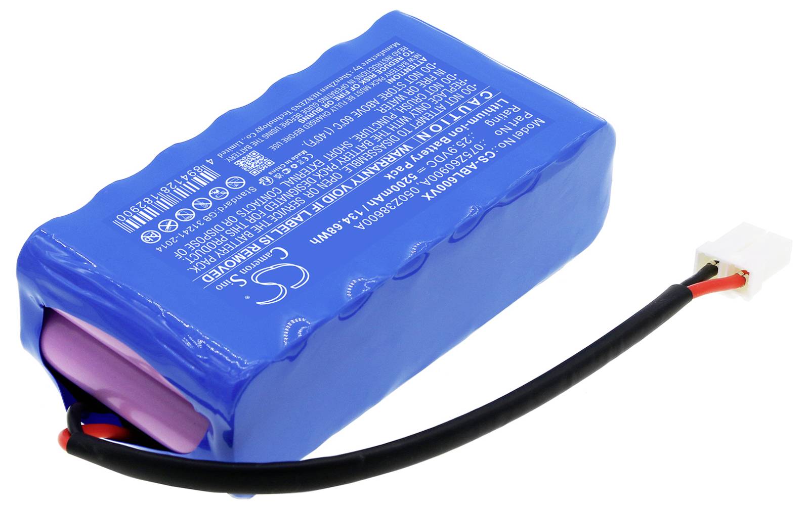 Ein blauer Lithium-Ionen-Akku mit schwarzem und rotem Kabel und weißem Anschluss. Enthält technische Aufschrift und Symbole.