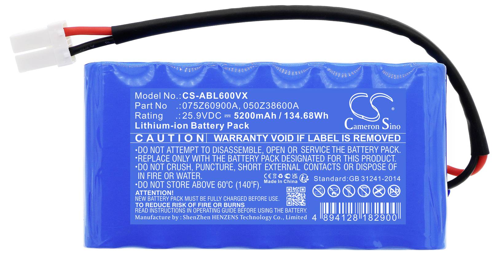 Blauer Lithium-Ionen-Akkupack mit Spezifikationen, Modellnummer und Warnhinweisen auf weißem Hintergrund.