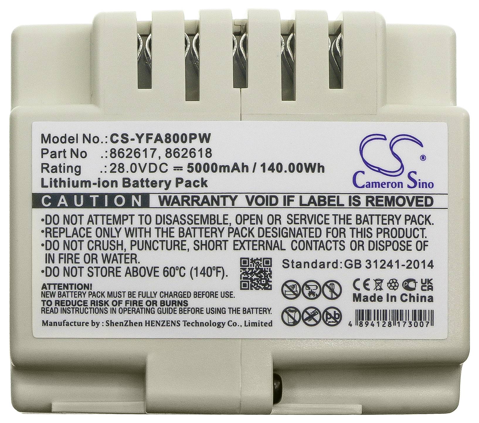 Lithium-Ionen-Akkupack mit 5000mAh, 140,00Wh. Warnungen: Nicht öffnen, zerlegen, kurzschließen. Herkunft: China. Geeignet für spezifizierte Geräte.