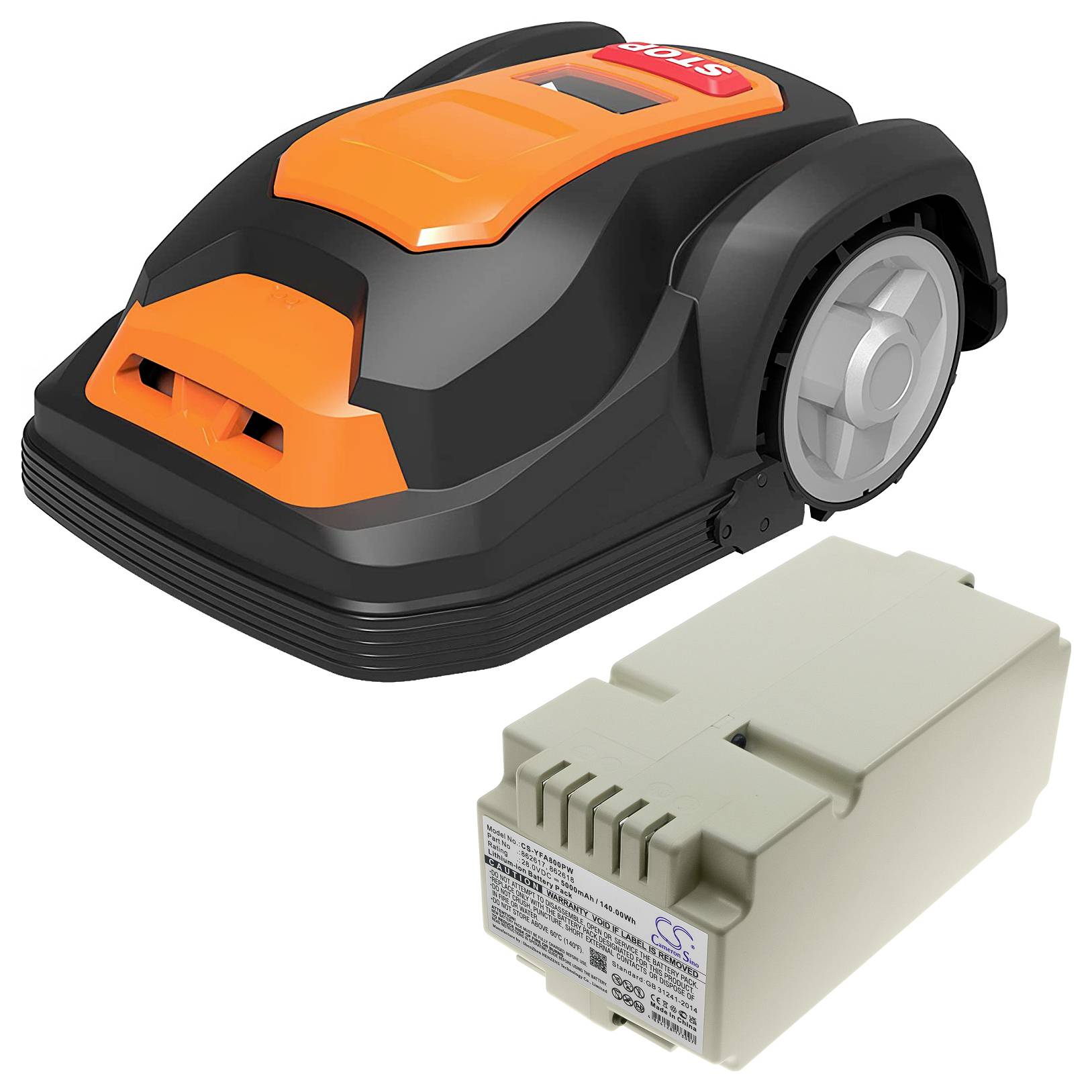 Rasenmäherroboter in Schwarz und Orange mit großen Rädern, daneben ein rechteckiger weißer elektronischer Adapter mit Etikett.