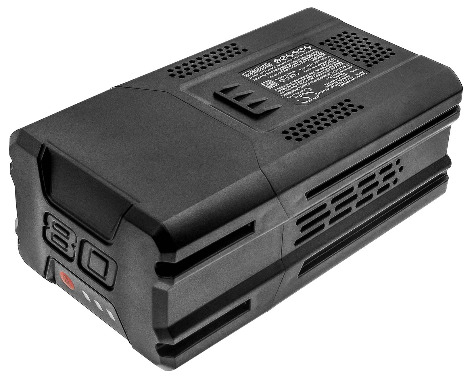 Ein rechteckiger, schwarzer Lithium-Ionen-Akku mit Lüftungsschlitzen und technischen Informationen auf der Oberseite.