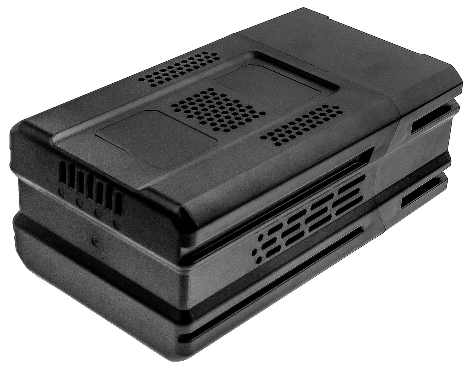 Schwarzes rechteckiges Gehäuse mit Belüftungsöffnungen und strukturiertem Design, möglicherweise ein elektronisches Gerät.