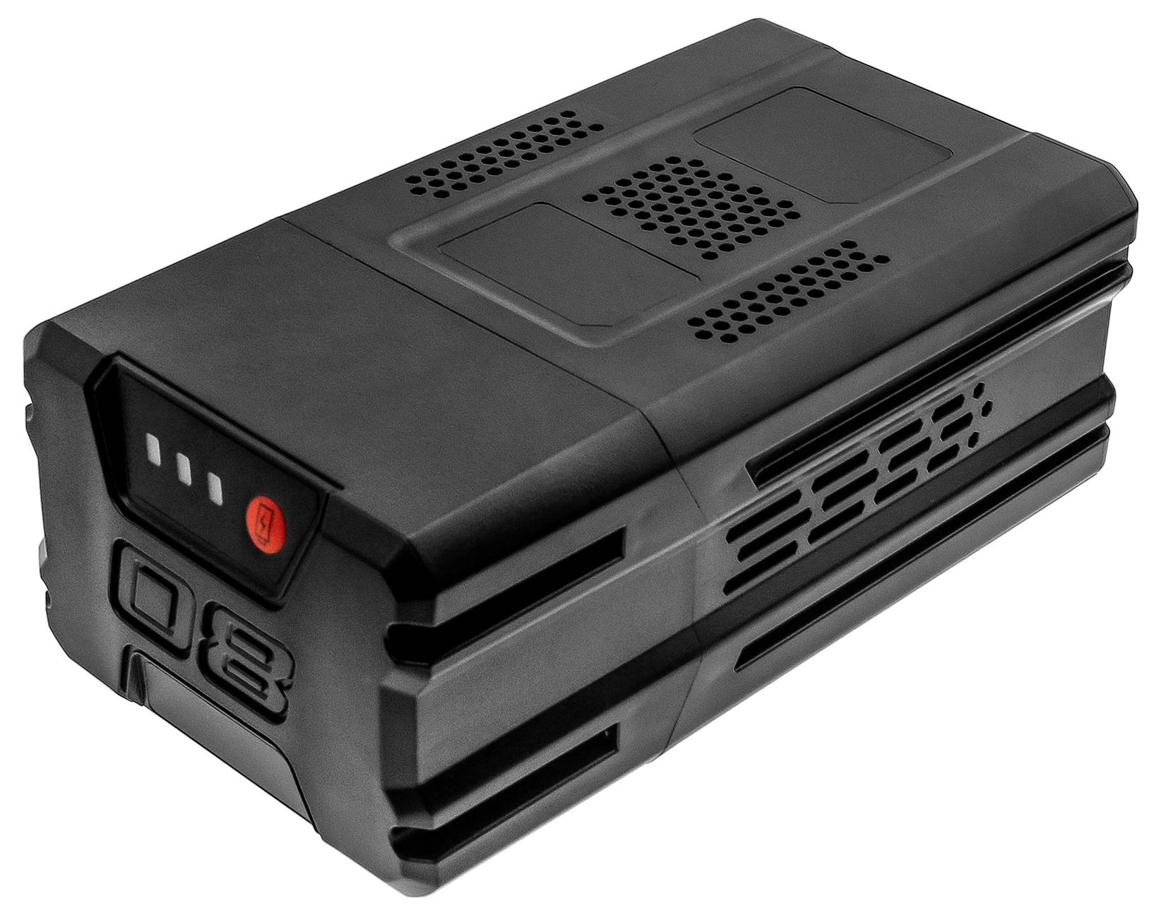 Ein schwarzer, rechteckiger Lithium-Ionen-Akku mit einem roten Schalter und LED-Anzeigen auf seiner Oberseite.