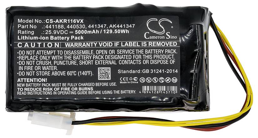 Schwarzer Lithium-Ionen-Akku mit Aufschrift: 'Model No.: CS-AKR116VX, 5000mAh, 25.9V, 129.50Wh'. Hinweise zur Sicherheit und Garantie angebracht.