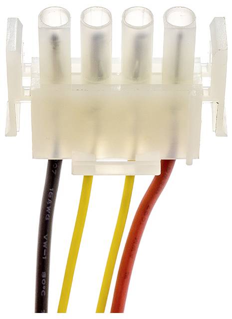 Ein vierpoliger Molex-Stecker mit schwarzen, gelben und roten Kabeln, verwendet zur Stromversorgung von Computerkomponenten.
