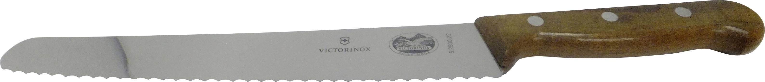 Ein gezacktes Brotmesser mit Holzgriff, auf dessen Klinge das Victorinox-Logo angebracht ist.