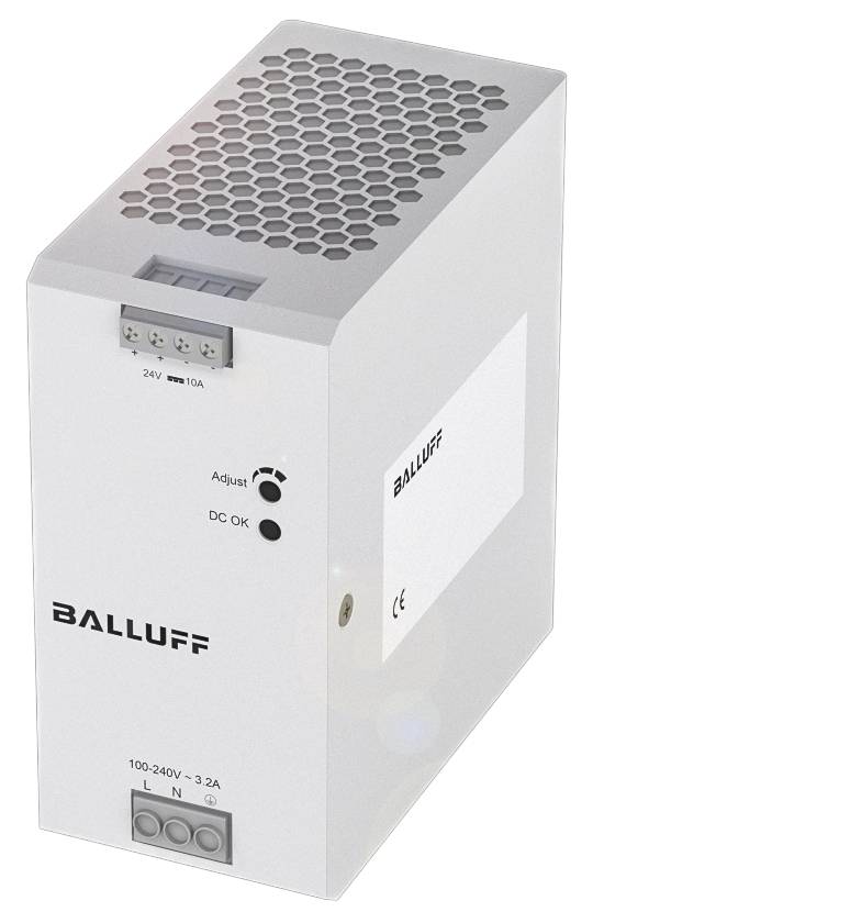 Ein weißes industrielles Netzteil von Balluff mit Lüftungsgitter oben. Es zeigt den Markennamen, Spannungseinstellungen und Anschlussklemmen.