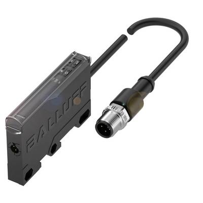 Ein schwarzer Sensor von Balluff mit einem angeschlossenen Kabel und Stecker. Der Sensor hat zwei abgerundete und einen eckigen Anschluss.
