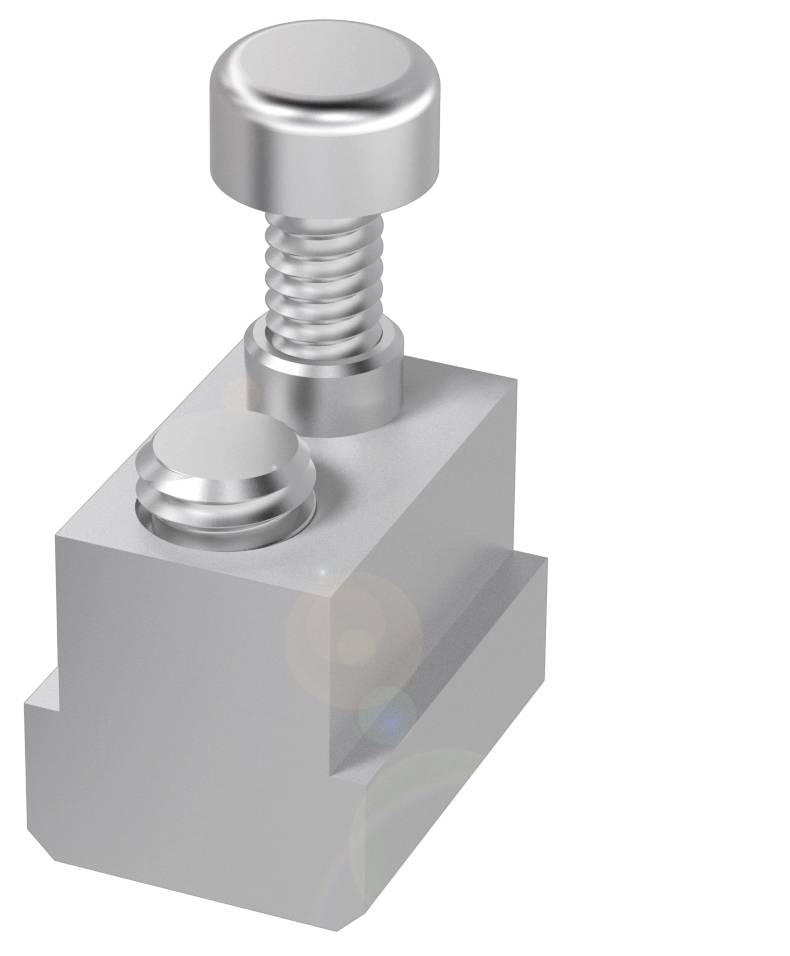 Ein silberner Metallblock mit zwei Schrauben, eine größer als die andere.