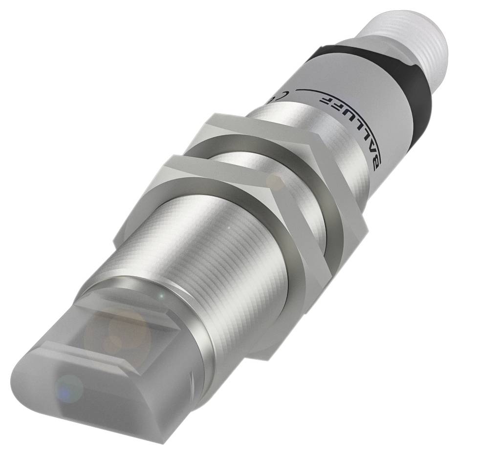 Ein zylindrischer Sensor mit einem Metallgehäuse, schwarzem Band und abgeschrägter Kunststoffspitze. Gearbeitet für industrielle Anwendungen.